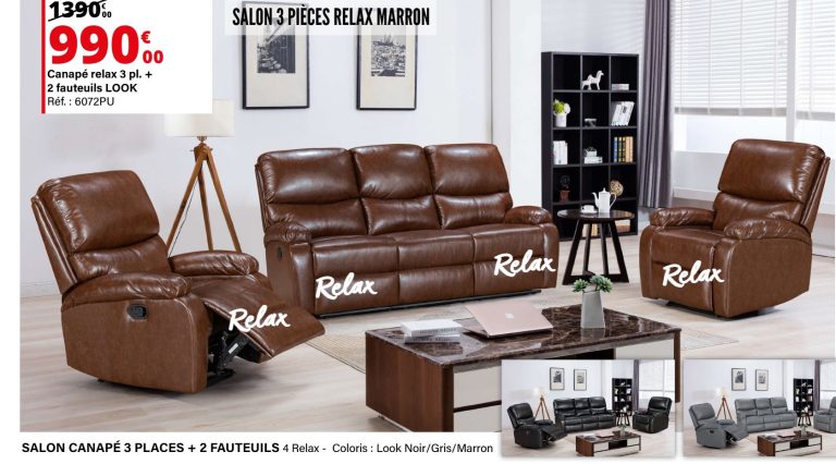 Salon relax LOOK : canapé 3 places et 2 fauteuils — extrait du prospectus ADAMS