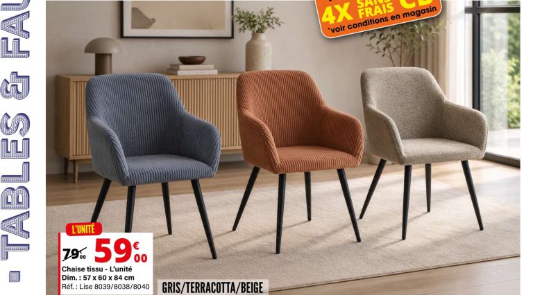 Chaise tissu Lise — extrait du prospectus ADAMS