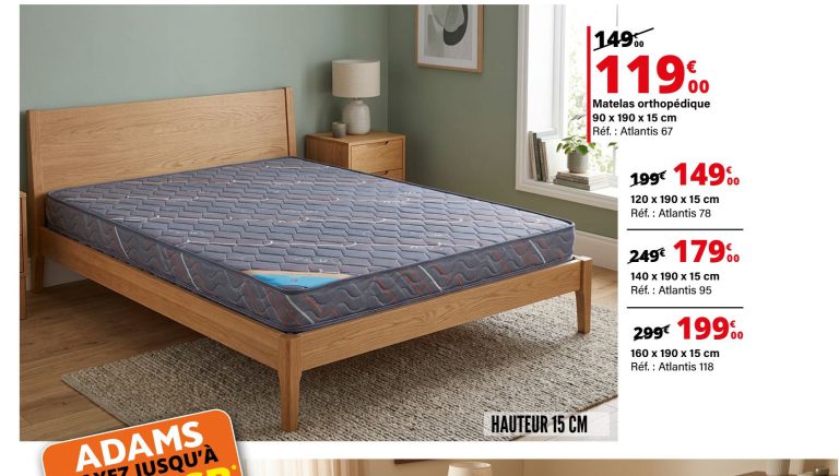 Matelas Atlantis 140 x 190 cm — extrait du prospectus ADAMS